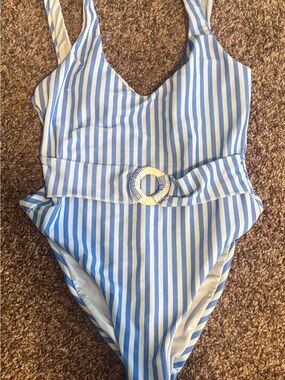 Never worn!! Blue & White Striped One-Piece Swimsuit with Waist Ring